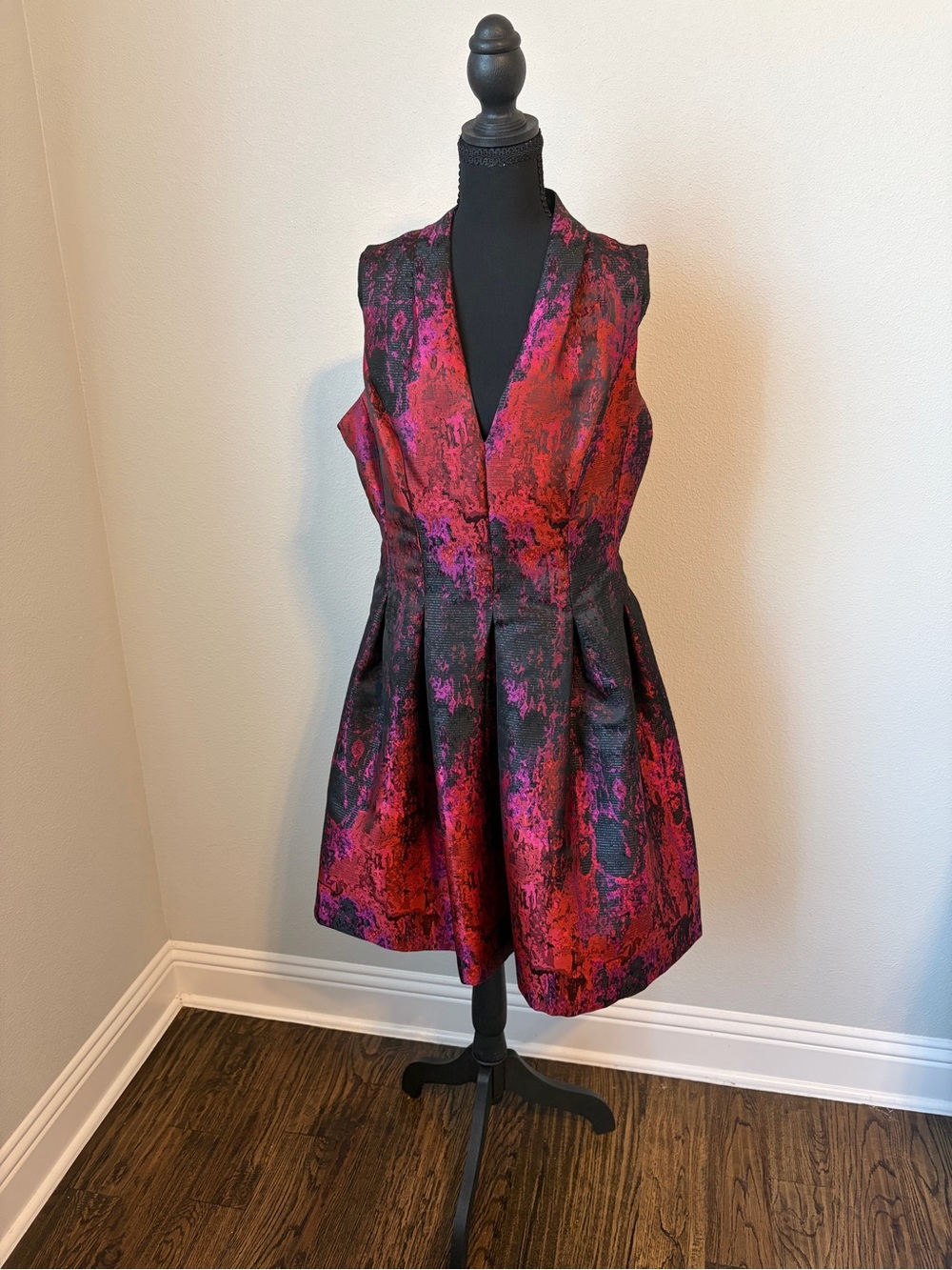 Vince Camuto Pink Black Metallic Jacquard Fit & Flare Dress 14